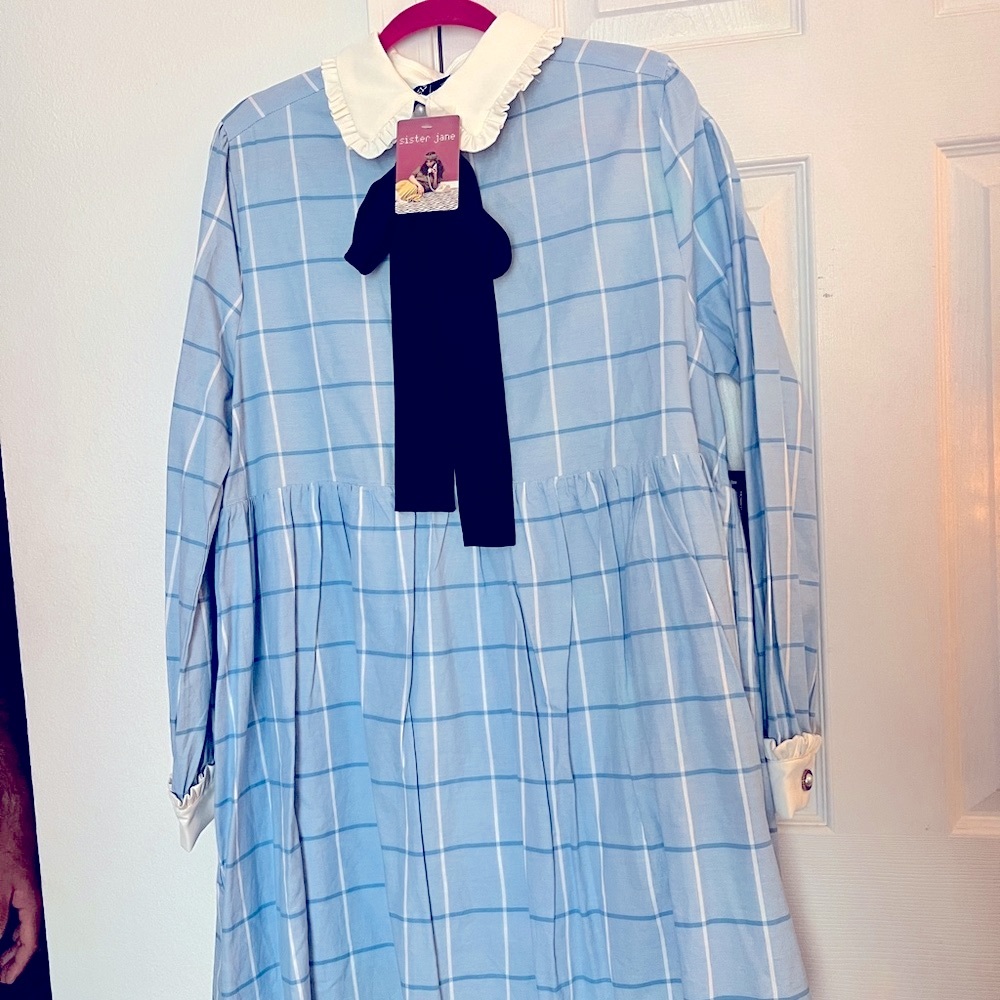BNWT Sister Jane Blue Smock Dress with Black Tie and White Ruffle Collar|Size XL